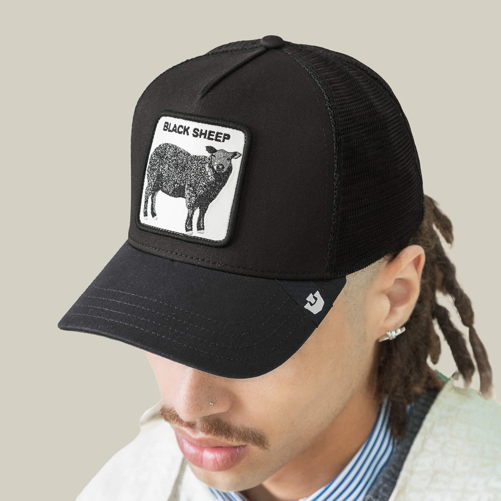 Goorin Bros Black Sheep Trucker in Void, on model