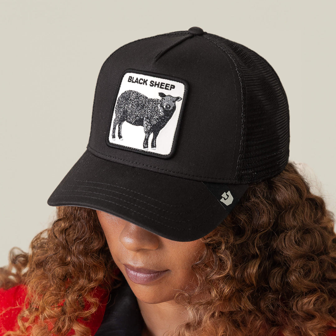 Goorin Bros Black Sheep Trucker in Void, on model