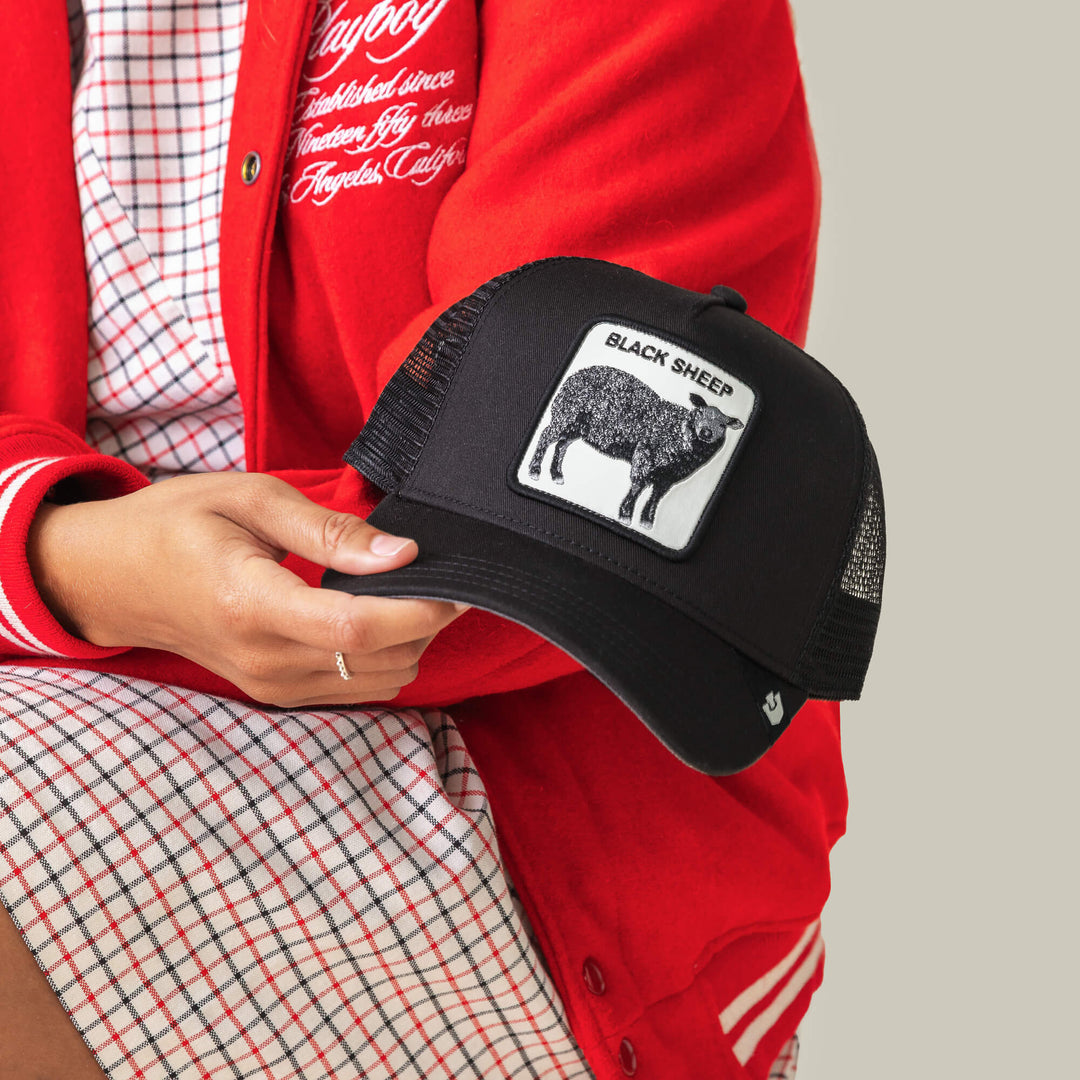 Goorin Bros Black Sheep Trucker in Void, on model