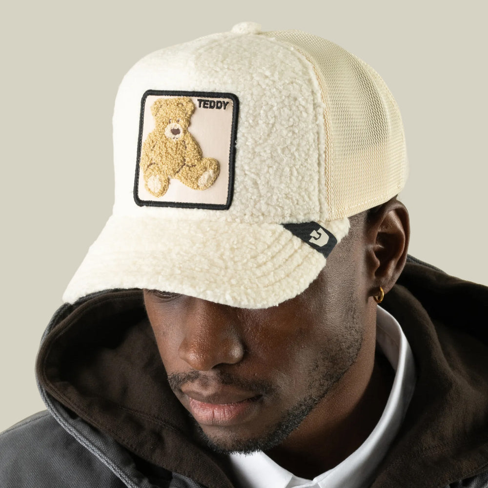 Goorin Bros Double Stuffed Teddy trucker hat in Wax, on model