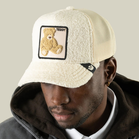 Goorin Bros Double Stuffed Teddy trucker hat in Wax, on model