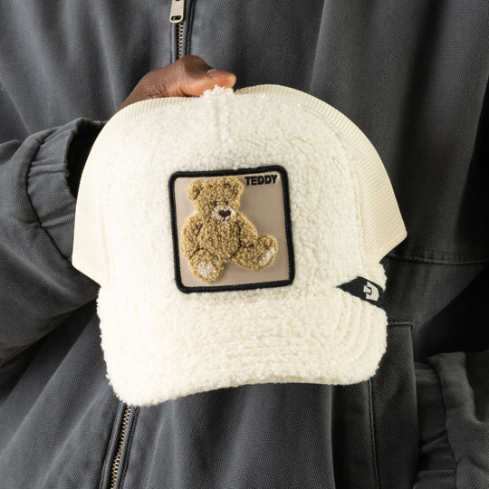 Goorin Bros Double Stuffed Teddy trucker hat in Wax, on model