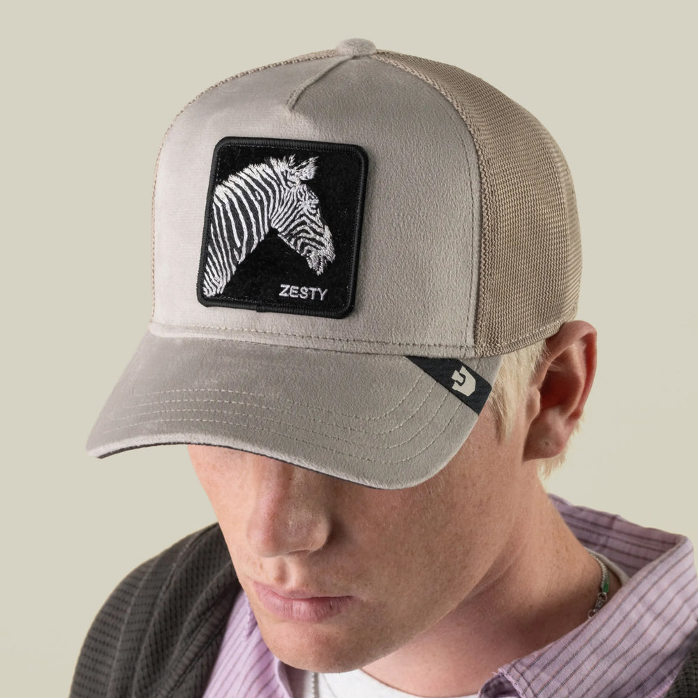 Goorin Bros Velour Zesty trucker hat in Biscuit, on model