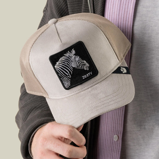 Goorin Bros Velour Zesty trucker hat in Biscuit, on model