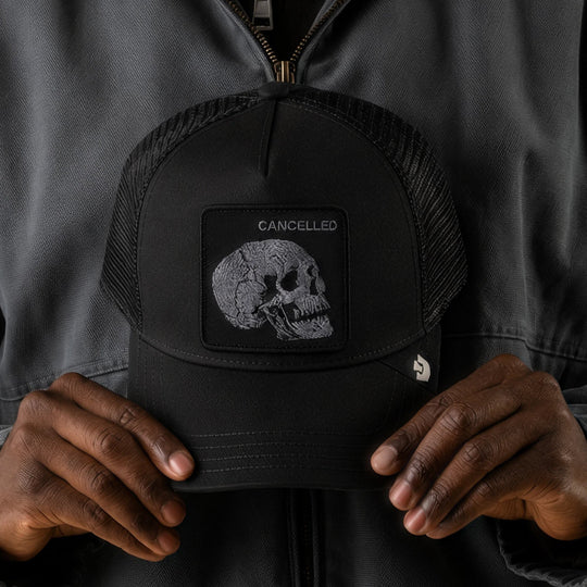 Goorin Bros Tonal Skull trucker hat in Void, on model