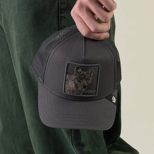 Goorin Bros Circle of Life Loner trucker hat in Oil Gray, on model