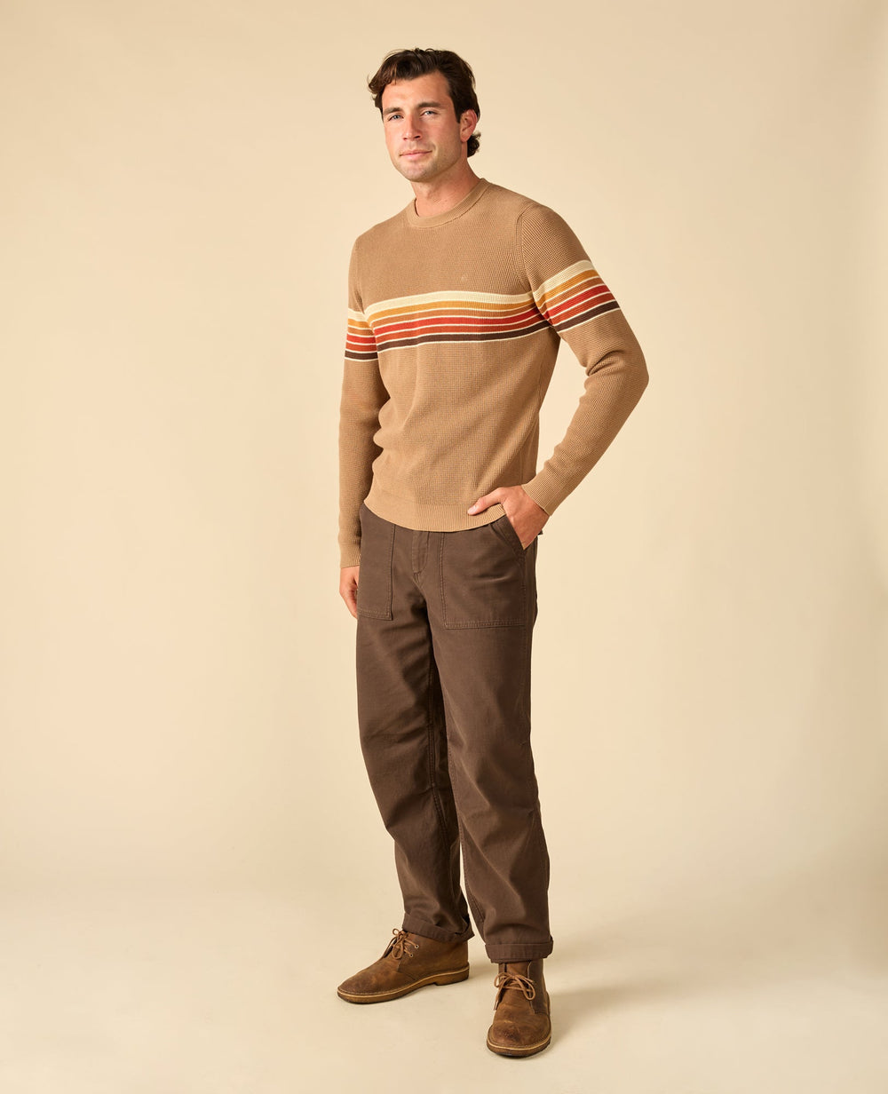 Outerknown Nostalgic Sweater in OK Chestnut Rainbow, on model