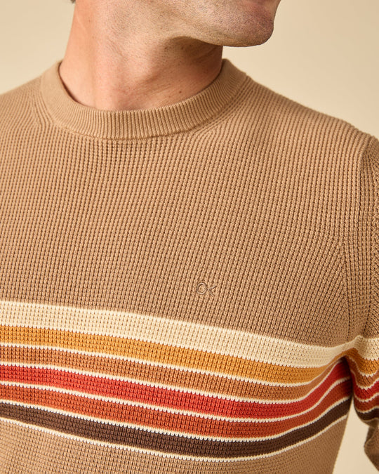 Outerknown Nostalgic Sweater in OK Chestnut Rainbow, on model back