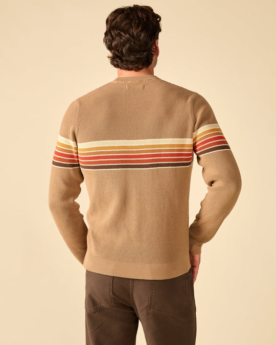 Outerknown Nostalgic Sweater in OK Chestnut Rainbow, on model side
