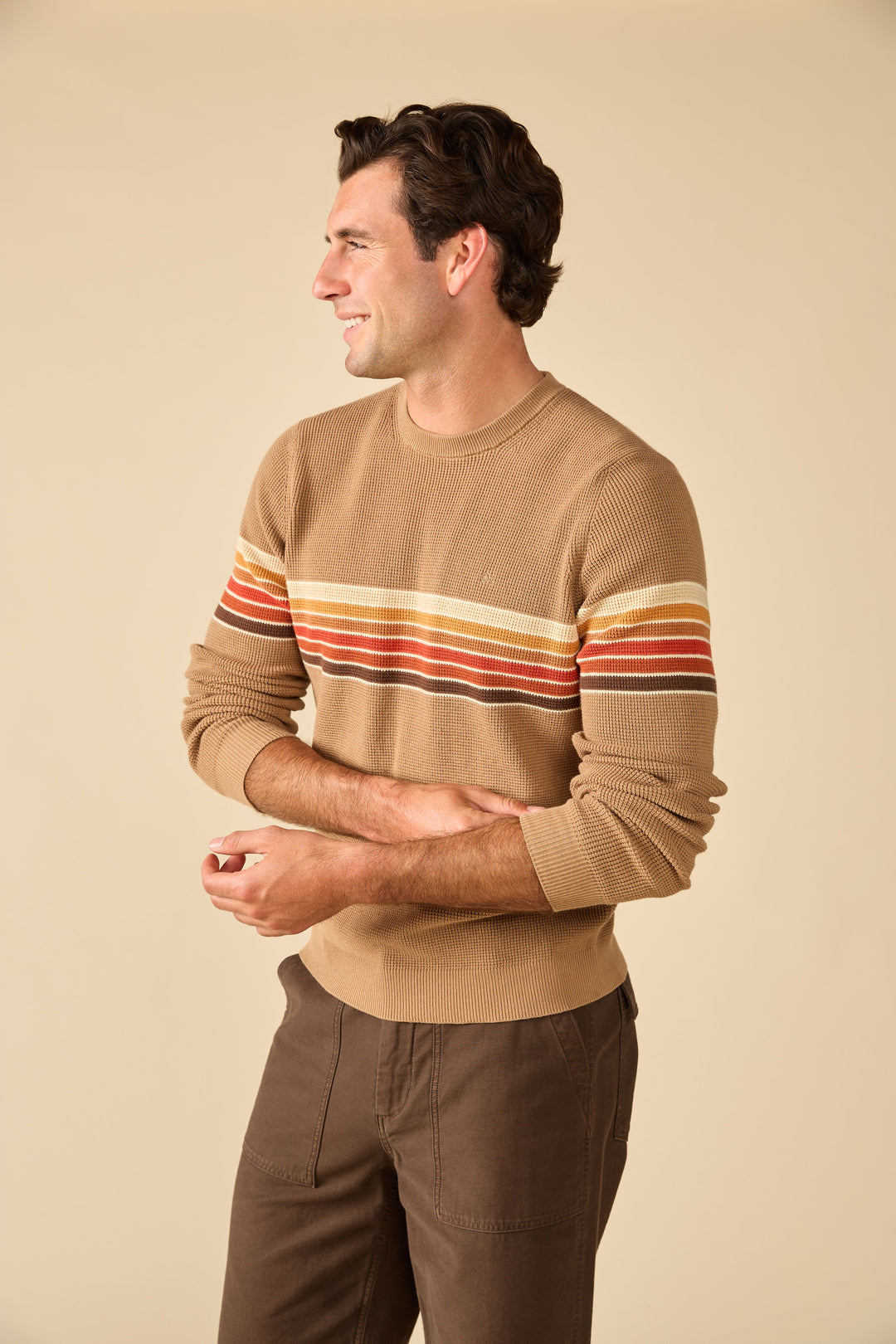Outerknown Nostalgic Sweater in OK Chestnut Rainbow, on model