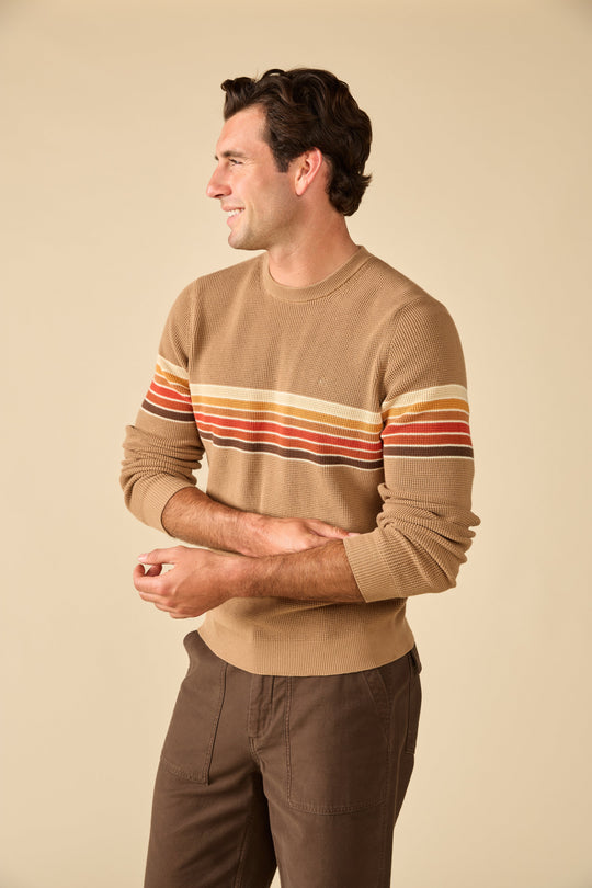 Outerknown Nostalgic Sweater in OK Chestnut Rainbow, on model