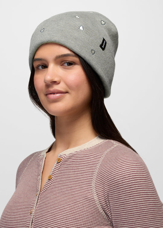 prAna Wild Now Beanie in Heather Grey Hearts, detail
