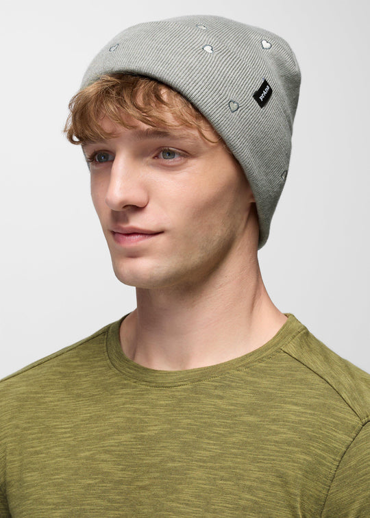 prAna Wild Now Beanie in Heather Grey Hearts, front