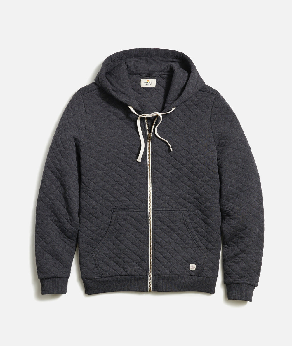 Marine Layer Corbet Quilted Full Zip Hoodie in Dark Grey Heather, view 2