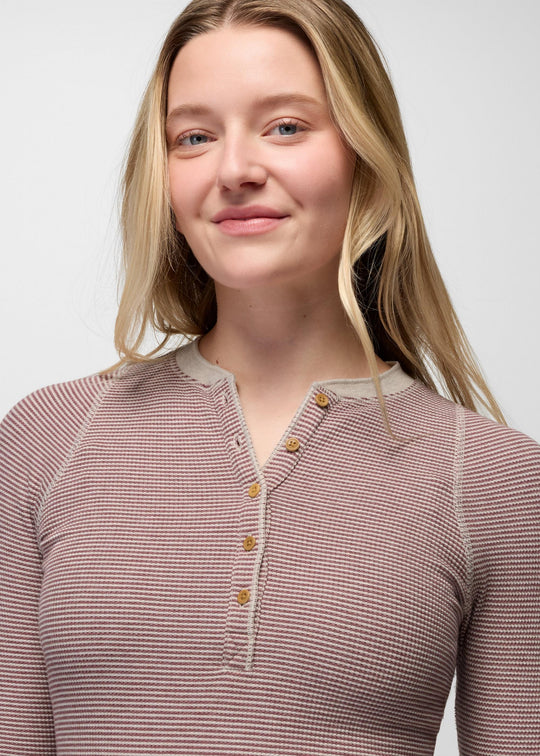 prAna Touchstone Henley in Newberry Heather Stripe, placket detail