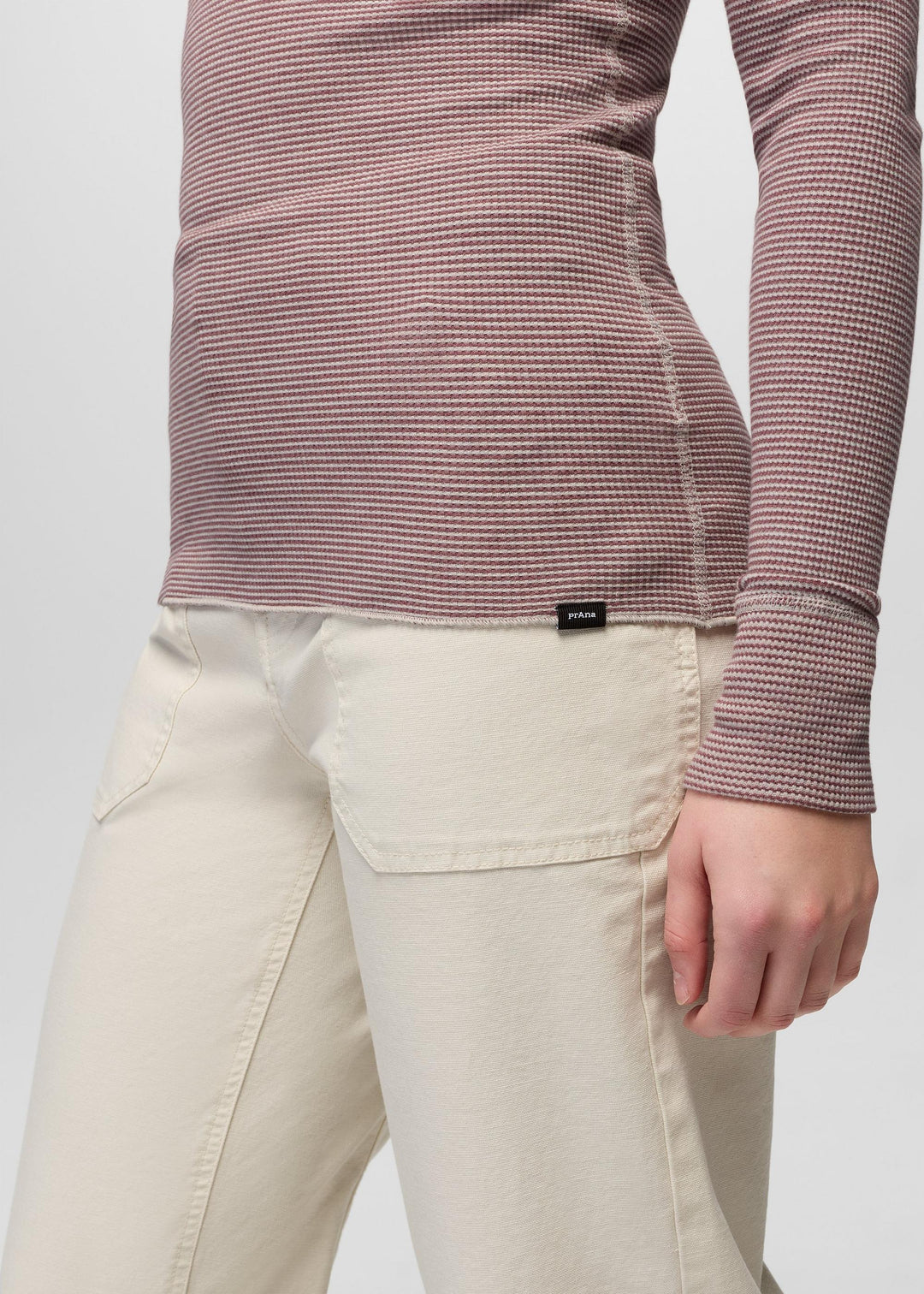 prAna Touchstone Henley in Newberry Heather Stripe, hem detail