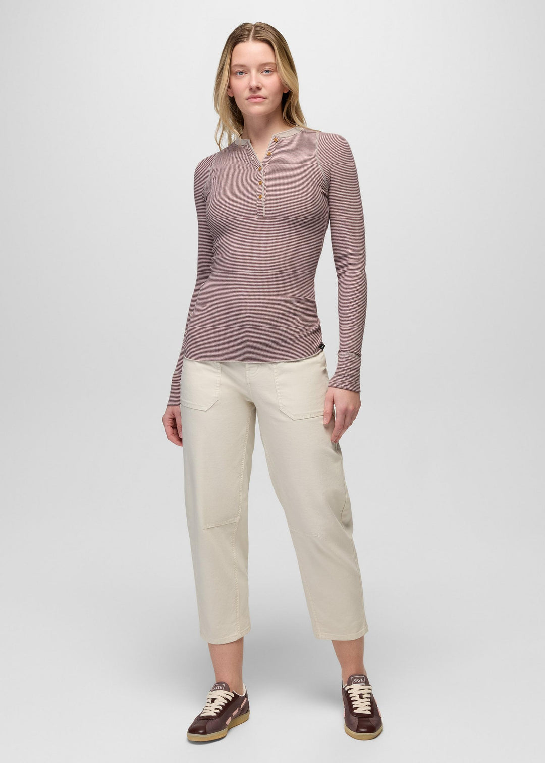 prAna Touchstone Henley in Newberry Heather Stripe, full length