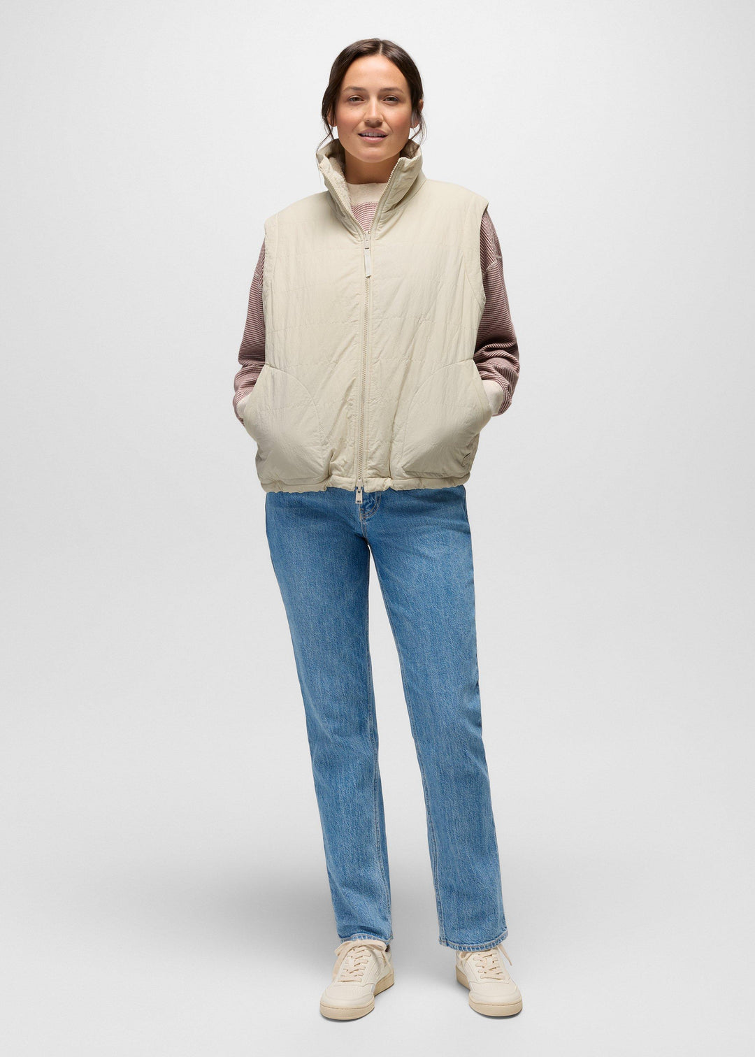 prAna Encinitas Reversible Vest in Beach Pebble, lifestyle 1