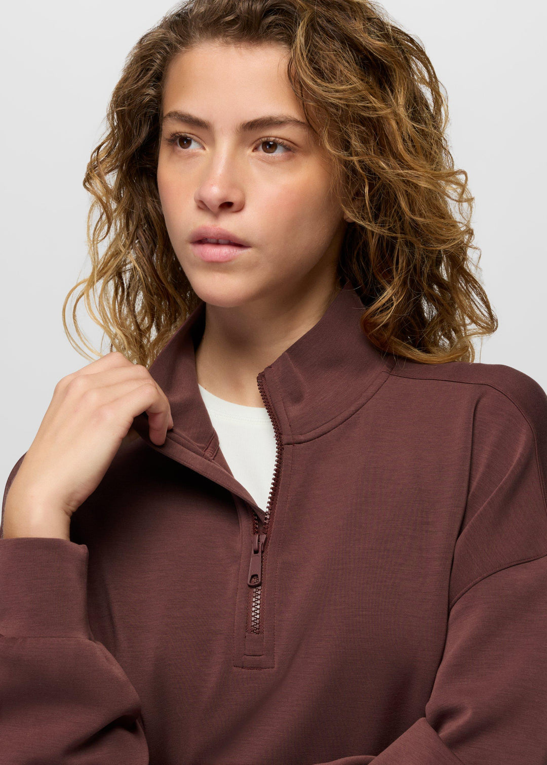 prAna Shea Soft Relaxed Half Zip in Cacao, detail 1