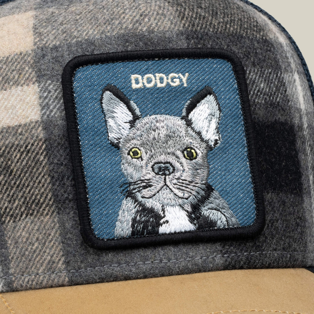 Goorin Bros Brit Frenchie trucker hat in Wax, patch detail