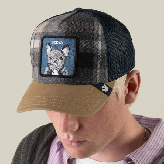 Goorin Bros Brit Frenchie trucker hat in Wax, on model