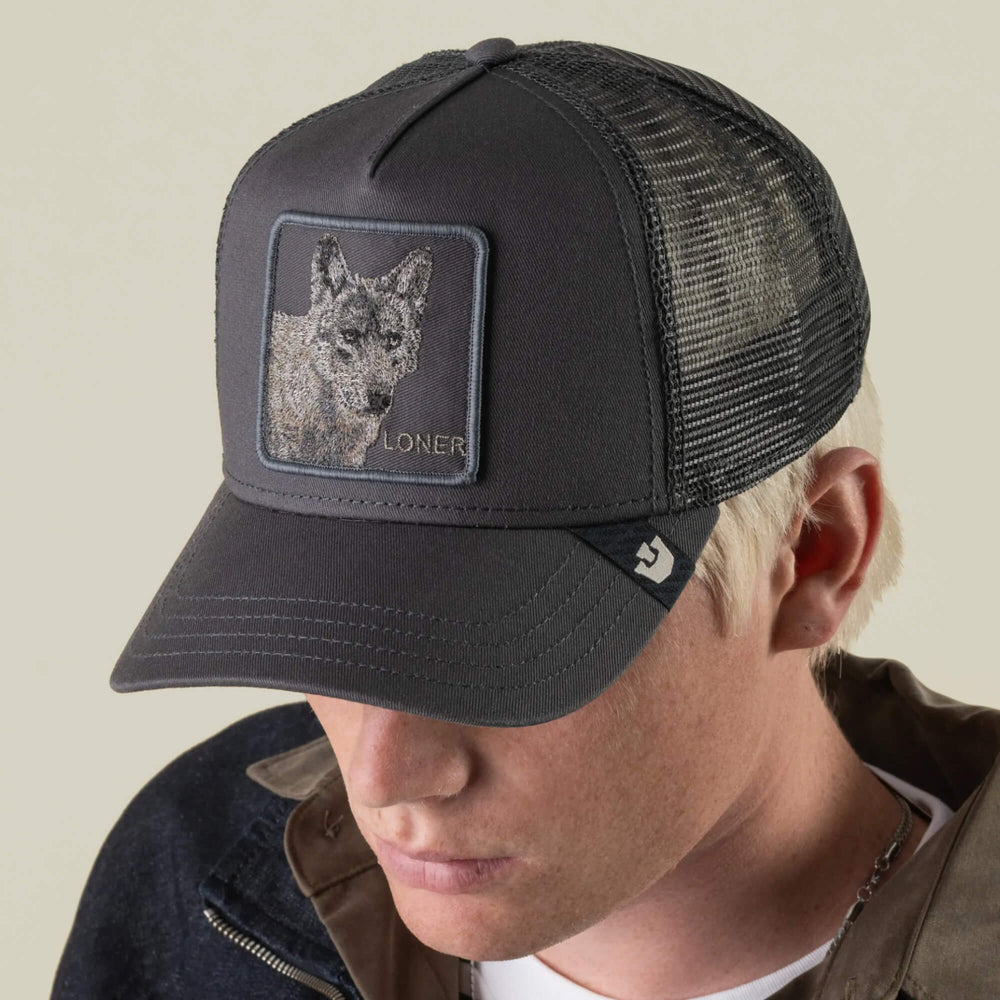 Goorin Bros Circle of Life Loner trucker hat in Oil Gray, on model