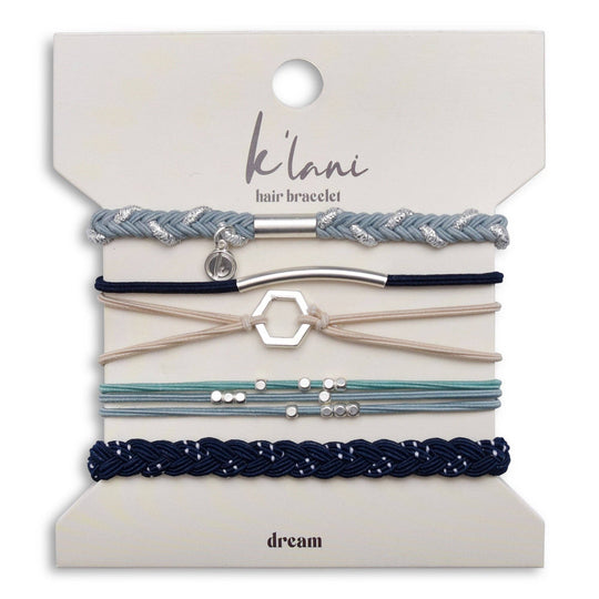 "Dream" Silver Hexagon Charm Blue Hair Tie Bracelets