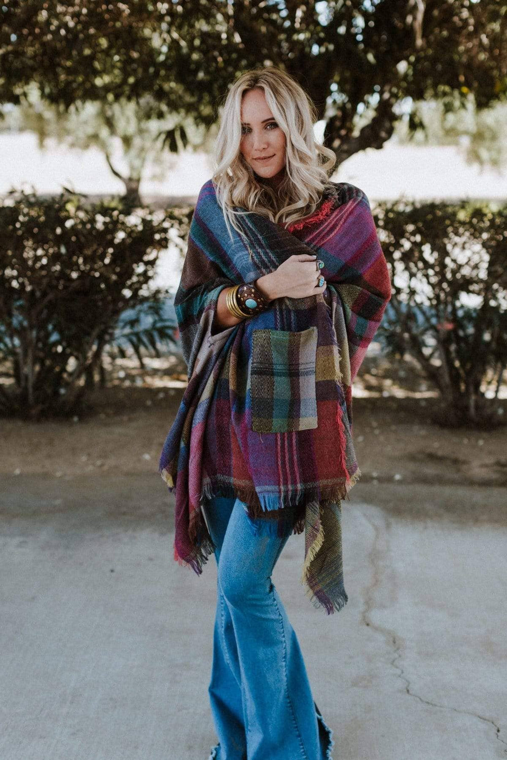 Three Bird Nest - Cozy Plaid Pocket Ruana Wrap - Fuchsia