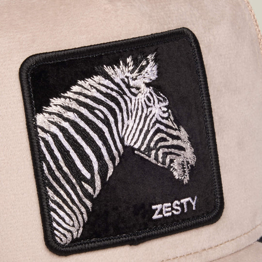 Goorin Bros Velour Zesty trucker hat in Biscuit, patch detail