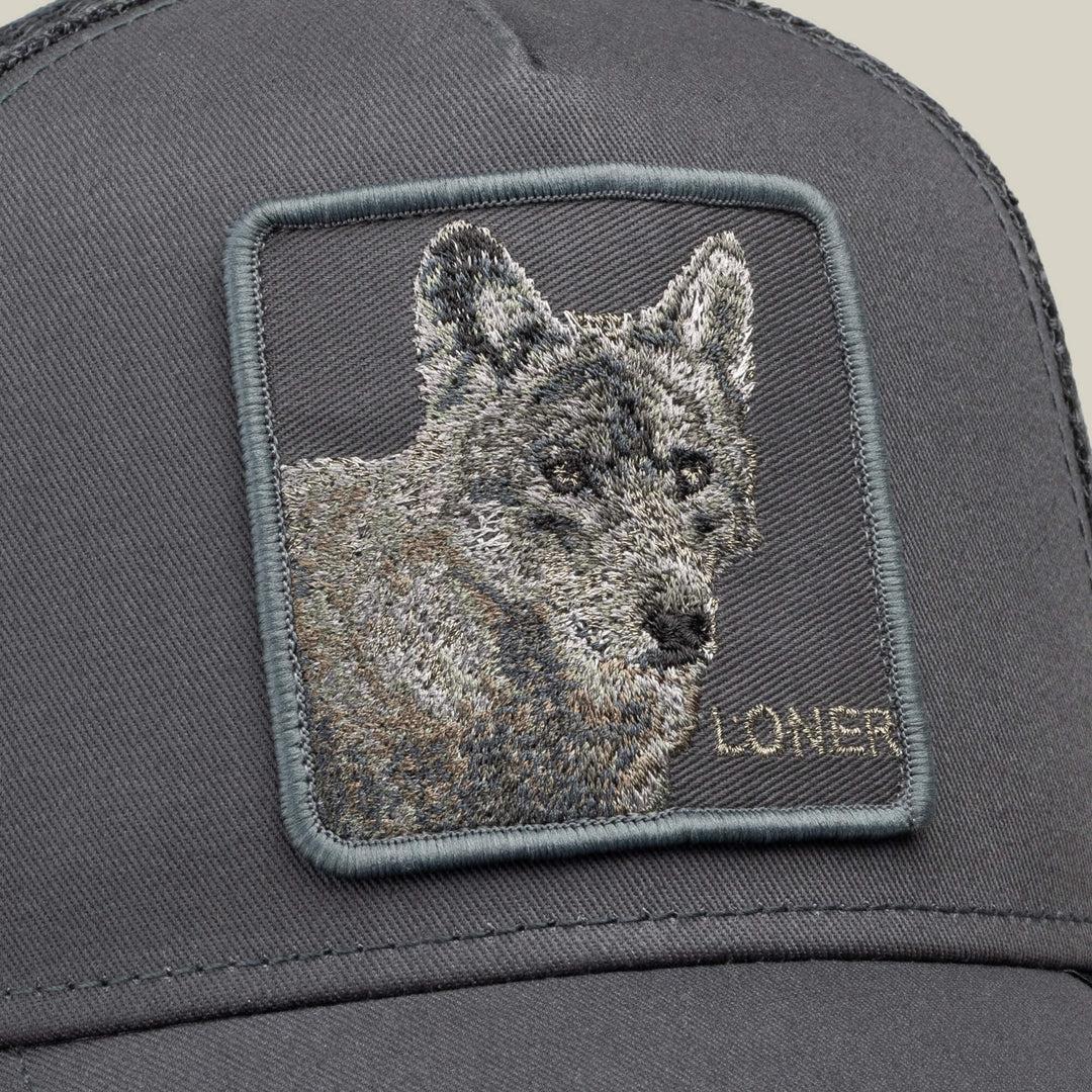 Goorin Bros Circle of Life Loner trucker hat in Oil Gray, patch detail