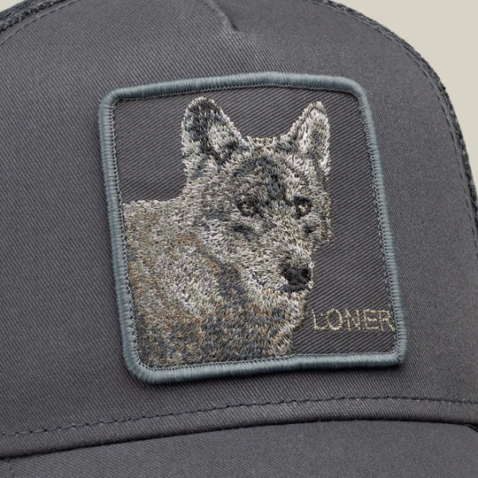 Goorin Bros Circle of Life Loner trucker hat in Oil Gray, patch detail