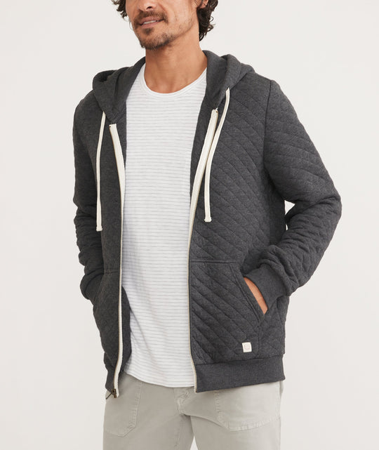 Marine Layer Corbet Quilted Full Zip Hoodie in Dark Grey Heather, view 4