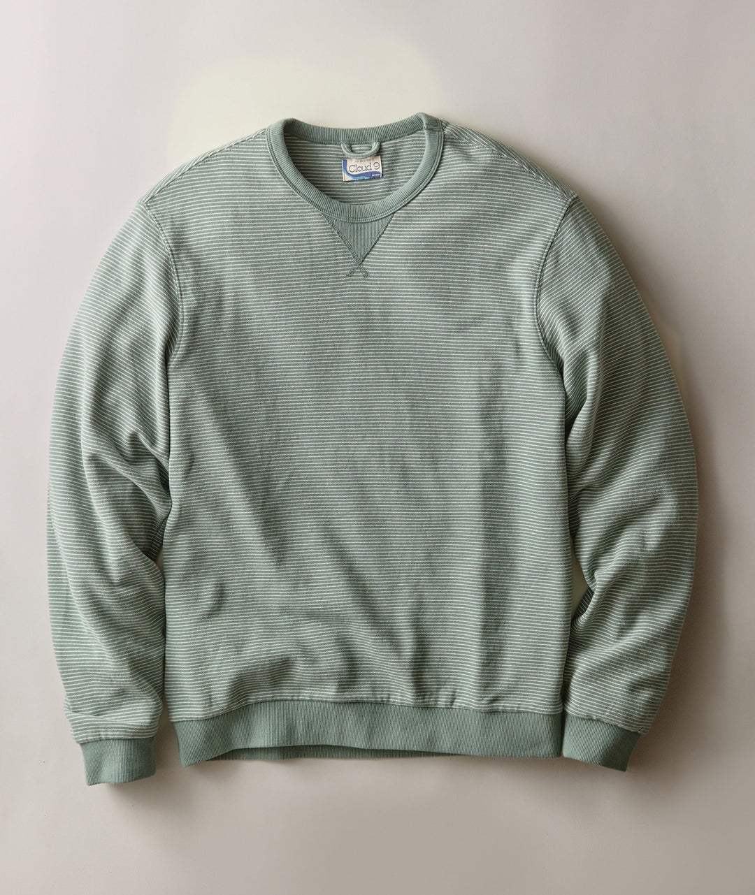 Marine Layer Relaxed Cloud 9 Terry Crewneck in Balsam Green Stripe, front