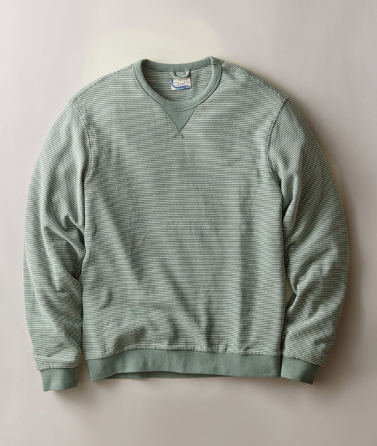 Marine Layer Relaxed Cloud 9 Terry Crewneck in Balsam Green Stripe, front