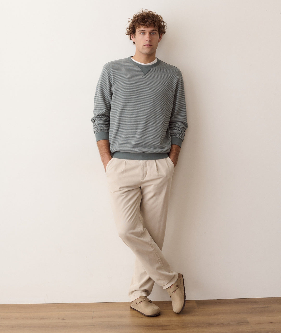 Marine Layer Relaxed Cloud 9 Terry Crewneck in Balsam Green Stripe, view 2