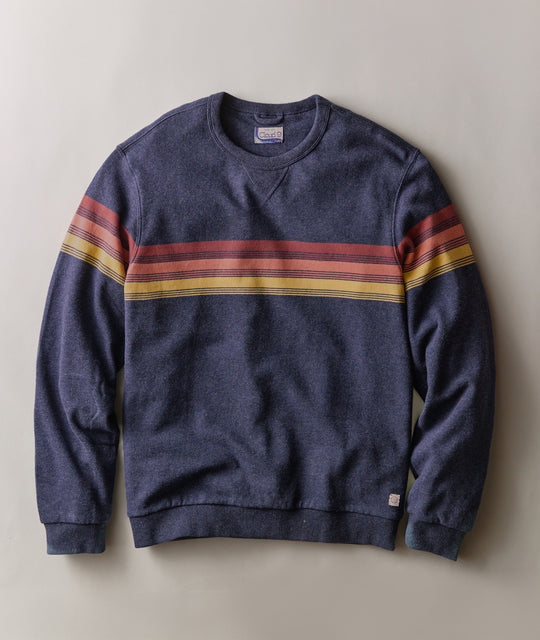 Marine Layer Relaxed Cloud 9 Terry Crewneck in Navy Sunset Stripe, front