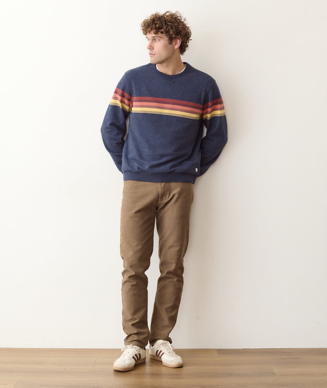 Marine Layer Relaxed Cloud 9 Terry Crewneck in Navy Sunset Stripe, styled