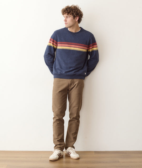 Marine Layer Relaxed Cloud 9 Terry Crewneck in Navy Sunset Stripe, styled