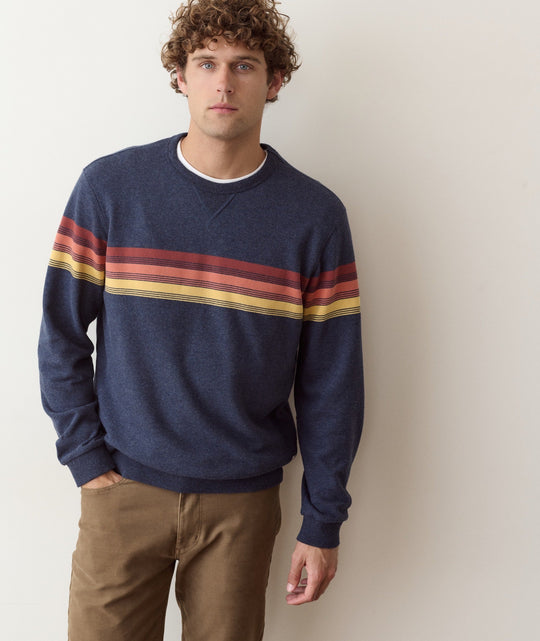 Marine Layer Relaxed Cloud 9 Terry Crewneck in Navy Sunset Stripe, full length
