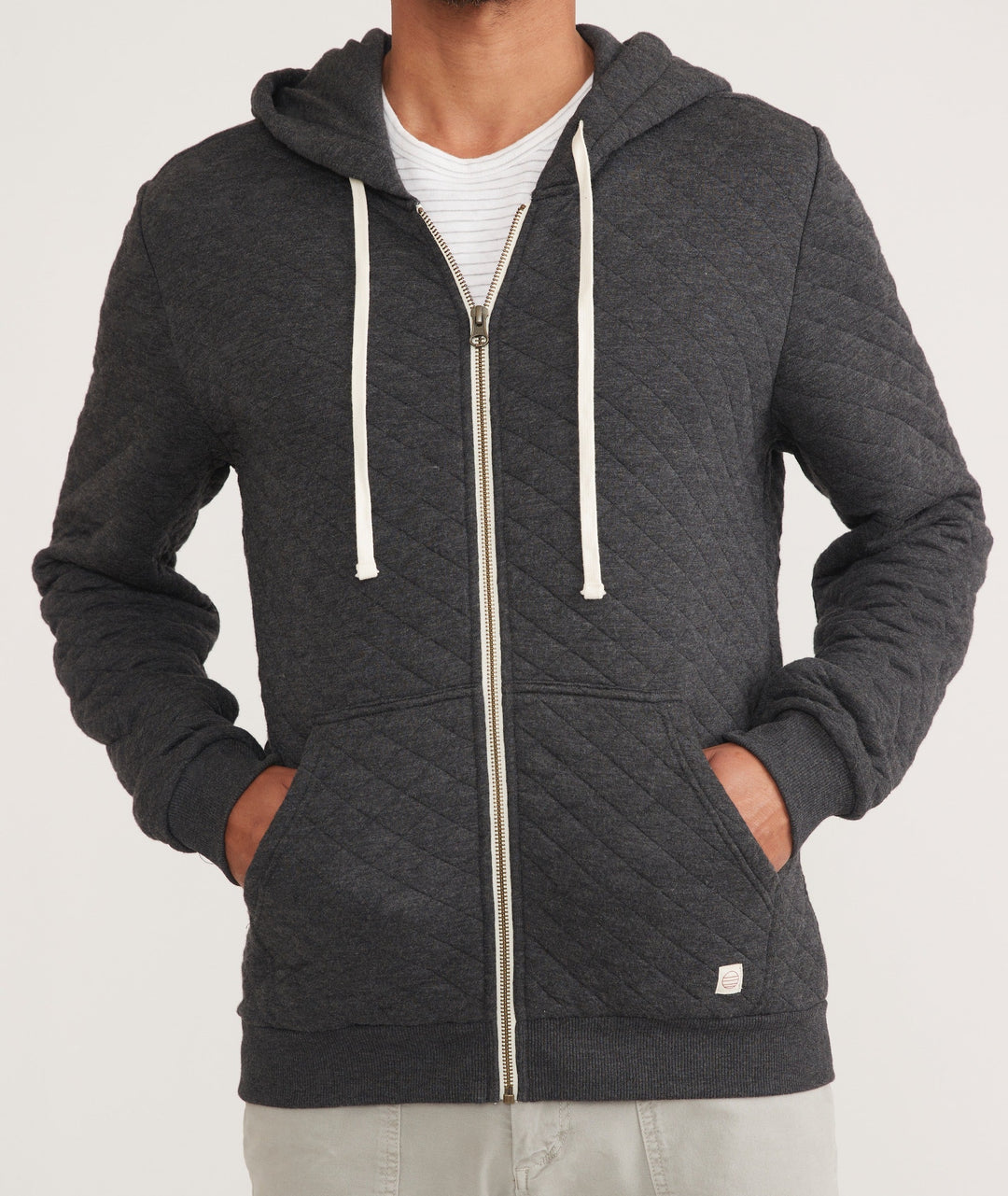 Marine Layer Corbet Quilted Full Zip Hoodie in Dark Grey Heather, front