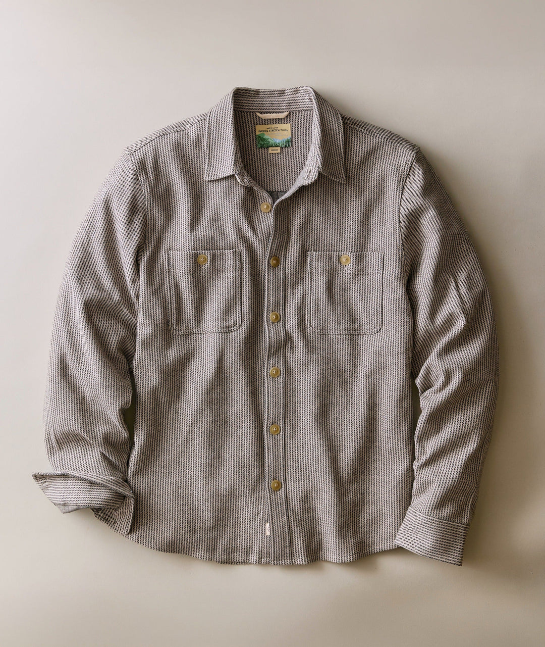 Marine Layer Pacifica Stretch Twill Overshirt in Grey Railroad Stripe, front