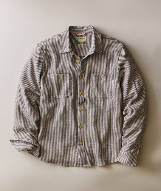 Marine Layer Pacifica Stretch Twill Overshirt in Grey Railroad Stripe, front