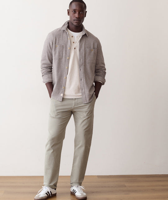 Marine Layer Pacifica Stretch Twill Overshirt in Grey Railroad Stripe, styled