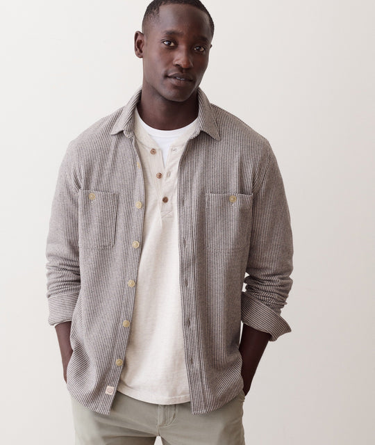 Marine Layer Pacifica Stretch Twill Overshirt in Grey Railroad Stripe, full length