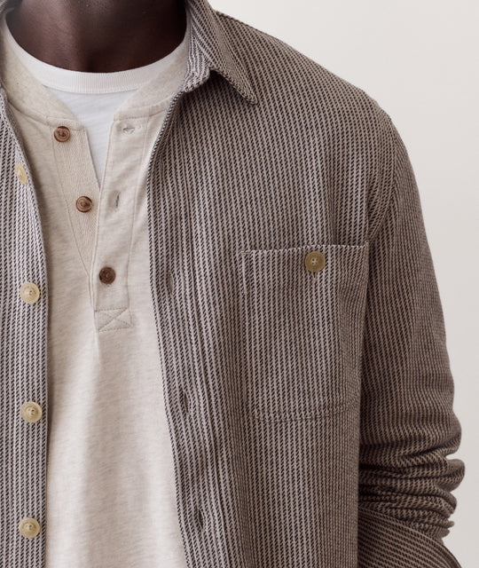 Marine Layer Pacifica Stretch Twill Overshirt in Grey Railroad Stripe, detail