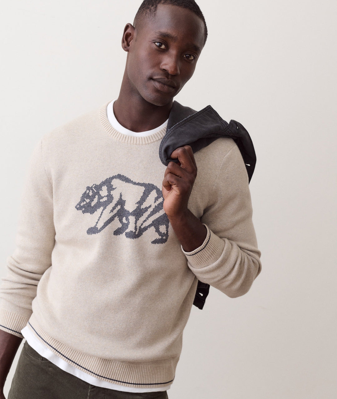 Marine Layer Varsity Intarsia Crew Sweater in Oatmeal, view 3