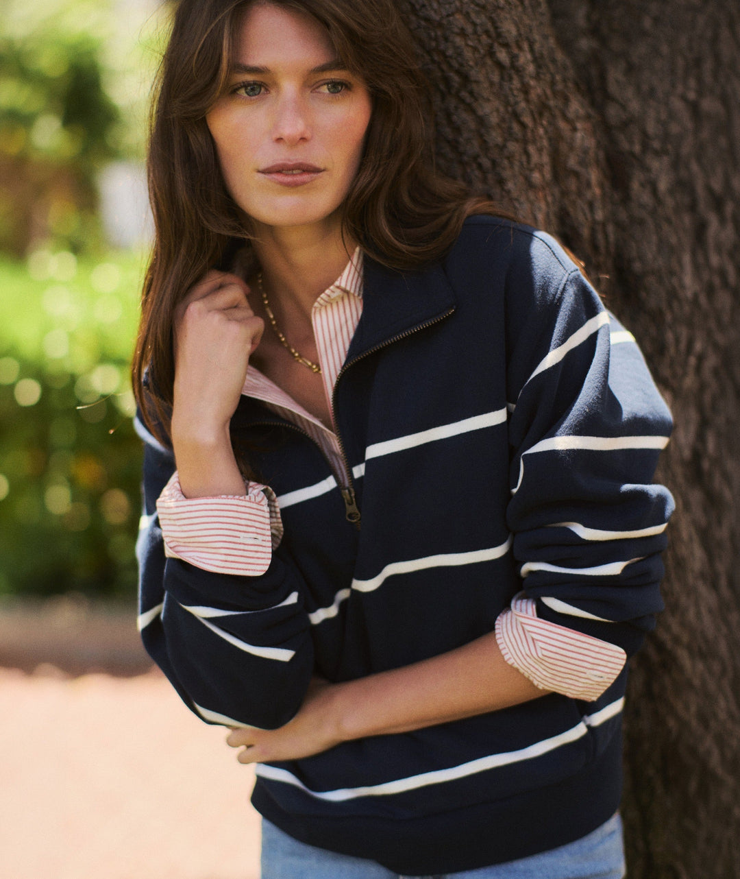 Cloud 9 Fleece Half Zip in Twilight &amp; Cream Stripe, styled
