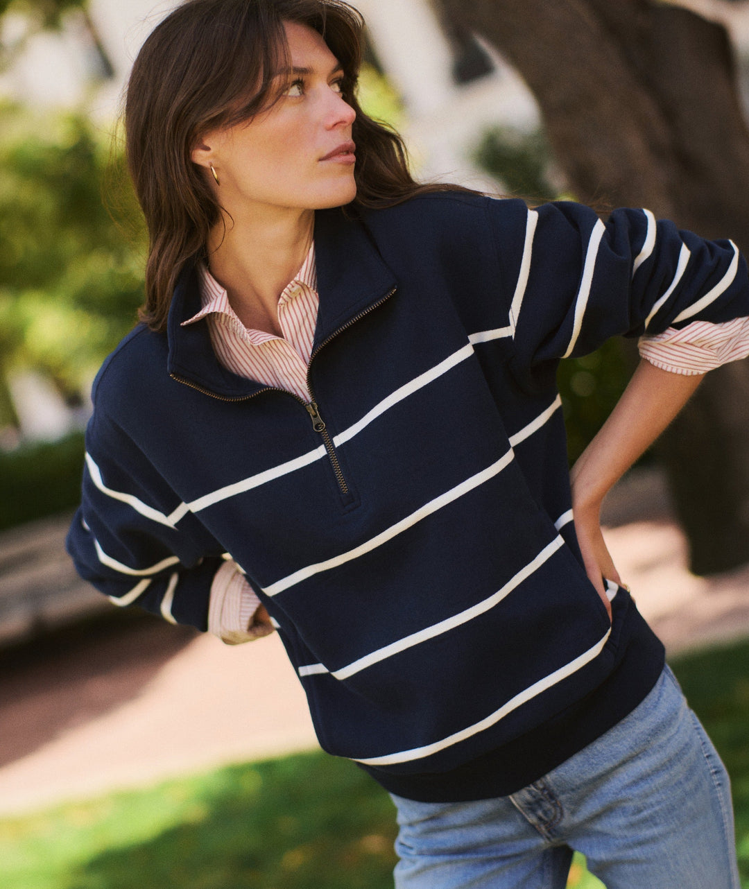 Cloud 9 Fleece Half Zip in Twilight &amp; Cream Stripe, styled