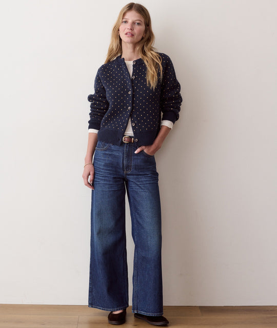 Iris Crewneck Cardigan in Navy &amp; Gold