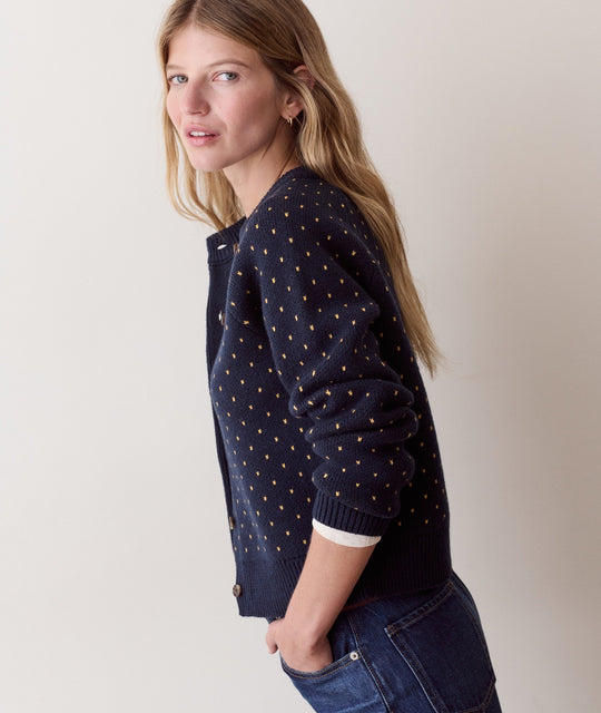 Iris Crewneck Cardigan in Navy &amp; Gold